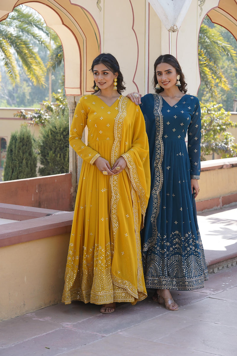 Yellow , Blue Faux Georgette with intricate Zari & Sequins Embroidery Gown.