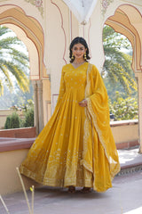 Yellow , Blue Faux Georgette with intricate Zari & Sequins Embroidery Gown.