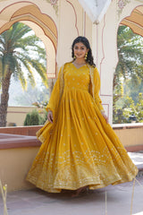 Yellow , Blue Faux Georgette with intricate Zari & Sequins Embroidery Gown.