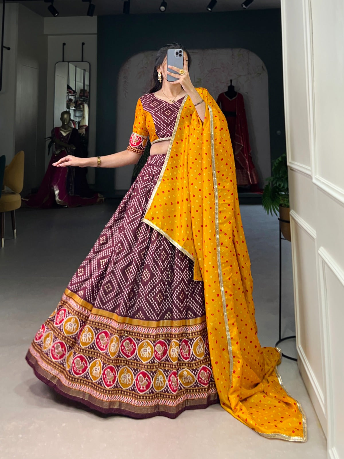 Bandhej & Patola Tussar Silk Lehenga Choli