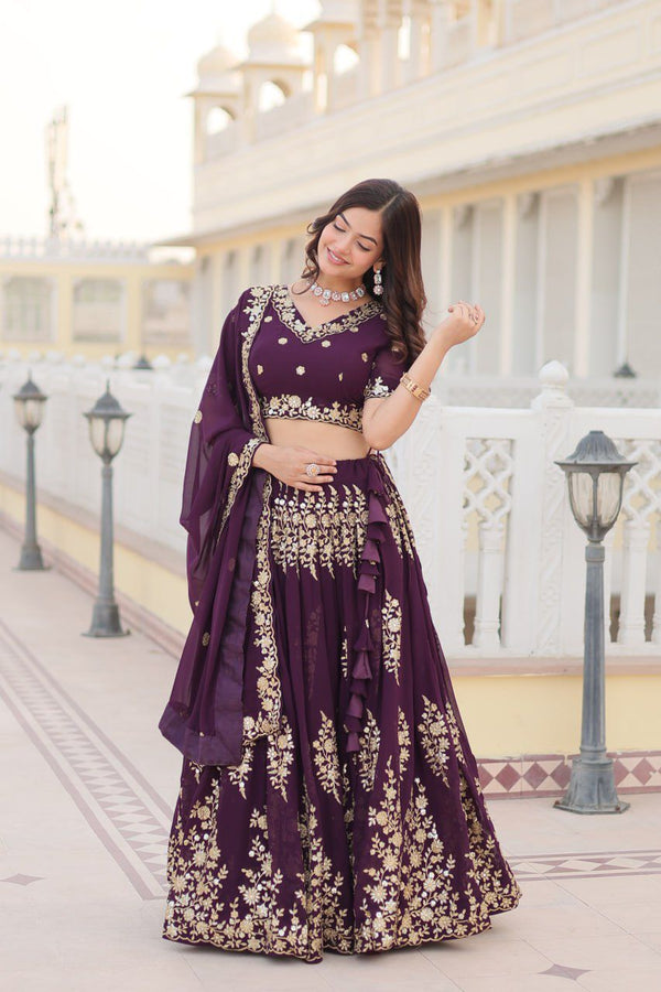 Wine Embroidered Fully Flared Georgette Lehenga Choli