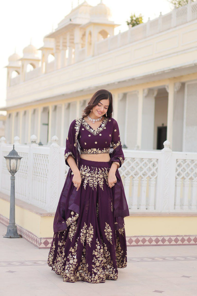 Wine Embroidered Fully Flared Georgette Lehenga Choli