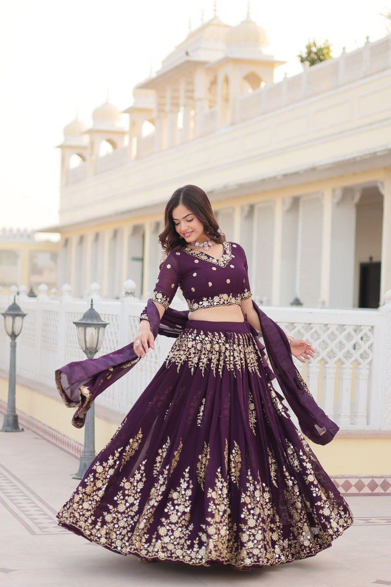 Wine Embroidered Fully Flared Georgette Lehenga Choli