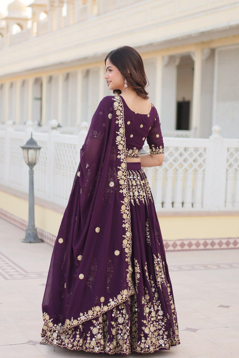 Wine Embroidered Fully Flared Georgette Lehenga Choli