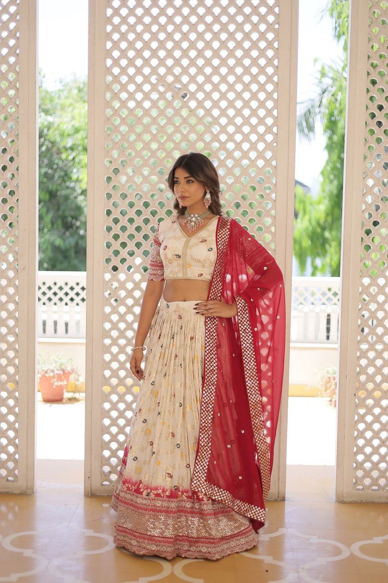 White & Yellow Pure Viscose Jacquard Lehenga Choli