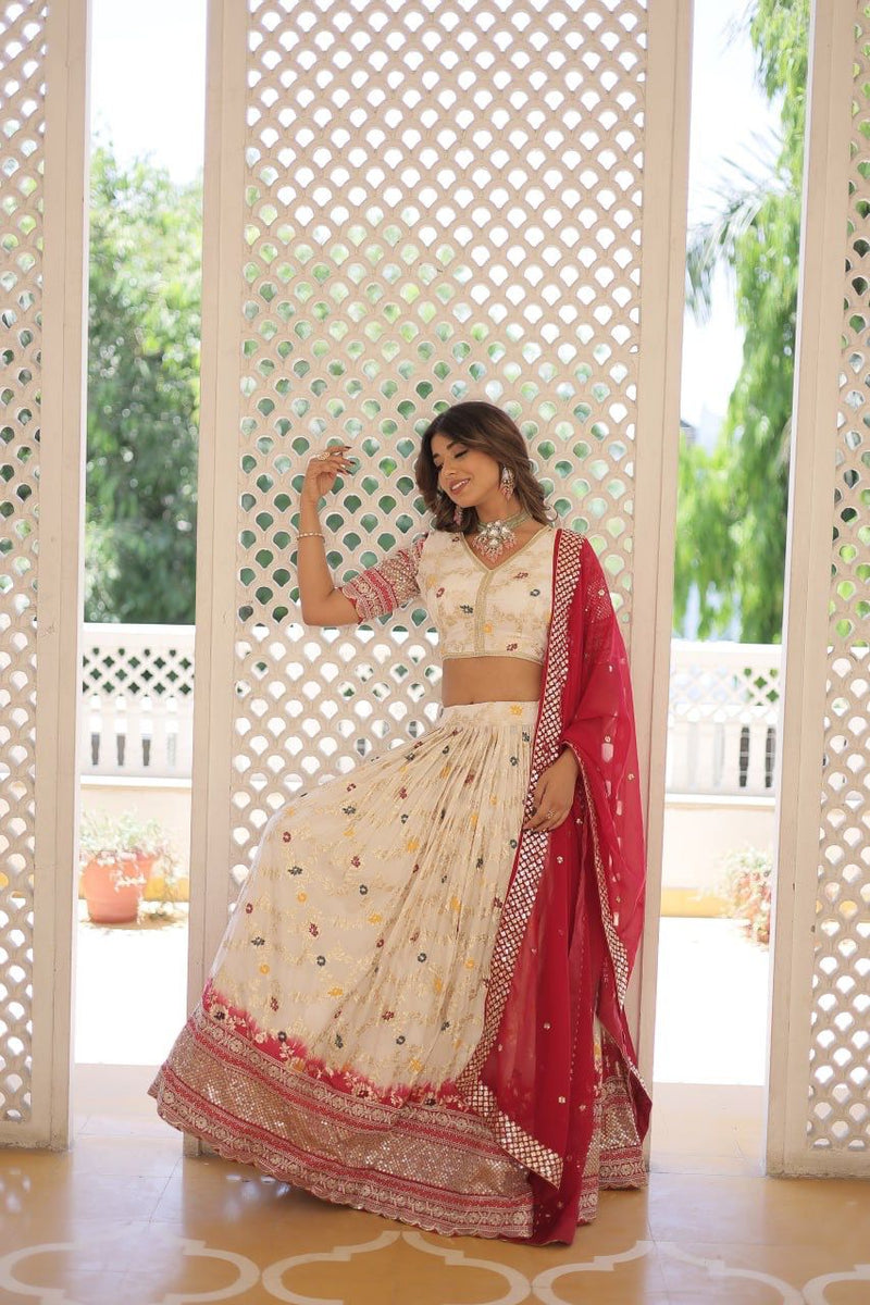 White & Yellow Pure Viscose Jacquard Lehenga Choli