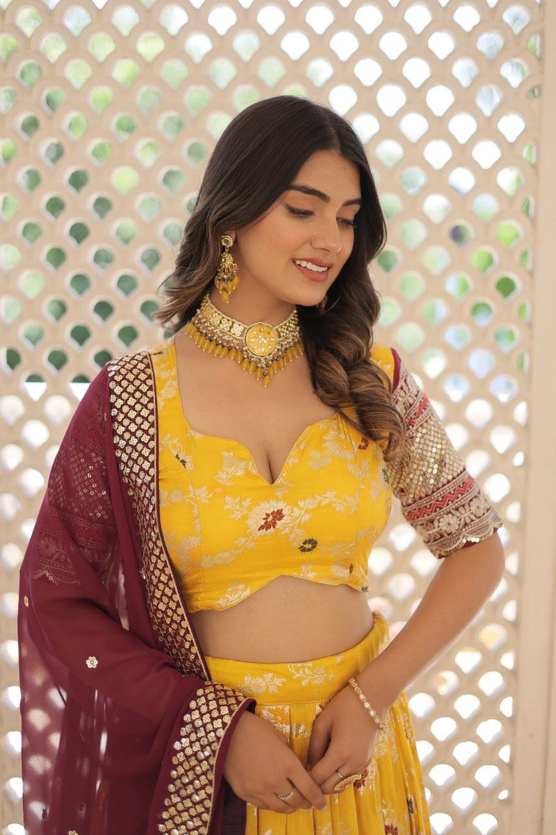 White & Yellow Pure Viscose Jacquard Lehenga Choli