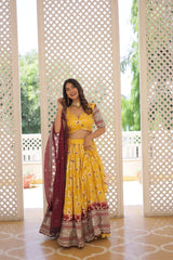 White & Yellow Pure Viscose Jacquard Lehenga Choli