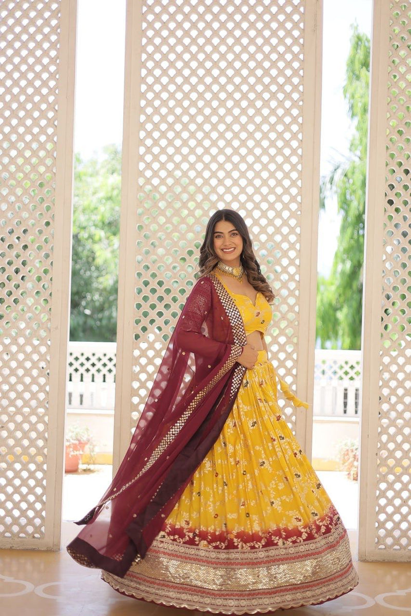 White & Yellow Pure Viscose Jacquard Lehenga Choli