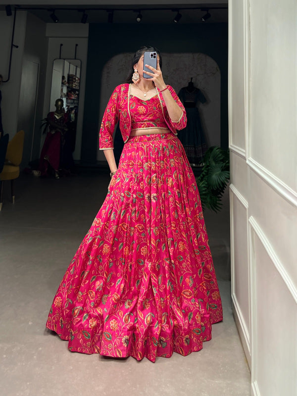 Tussar Silk with Floral Print & Gota Patti Lehenga