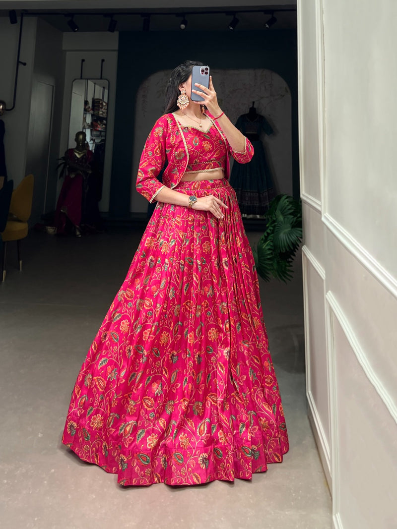 Tussar Silk with Floral Print & Gota Patti Lehenga