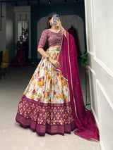 Pink Floral & Patola Print Tussar silk lehenga choli