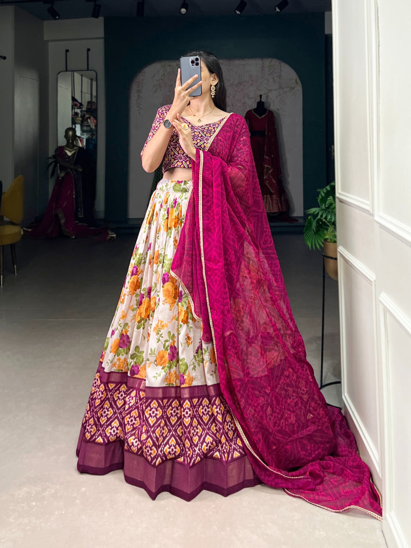 Pink Floral & Patola Print Tussar silk lehenga choli