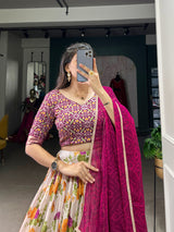 Pink Floral & Patola Print Tussar silk lehenga choli