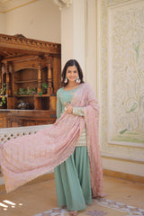 Pink & Blue Kurti-Plazzo-Dupatta