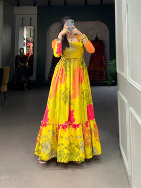 Punk &Yellow Georgette Print Long Gown