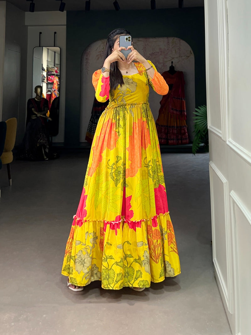 Punk &Yellow Georgette Print Long Gown