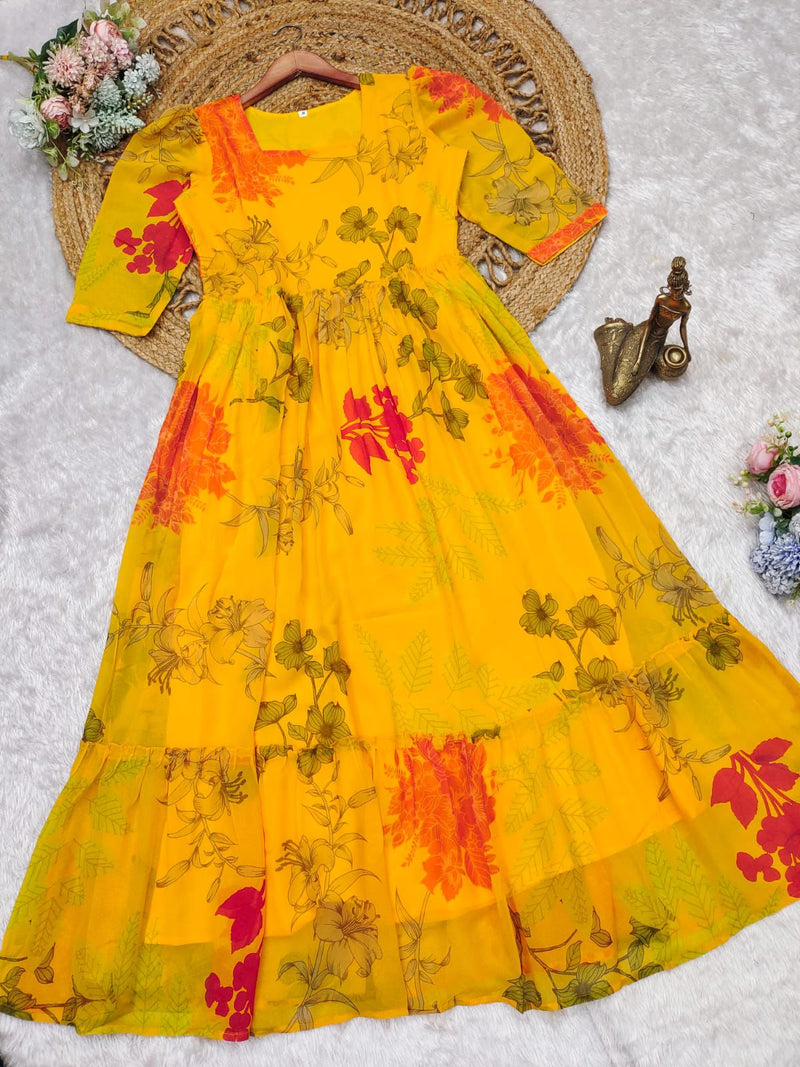 Punk &Yellow Georgette Print Long Gown