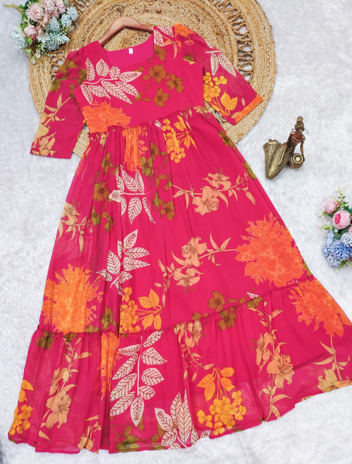 Punk &Yellow Georgette Print Long Gown