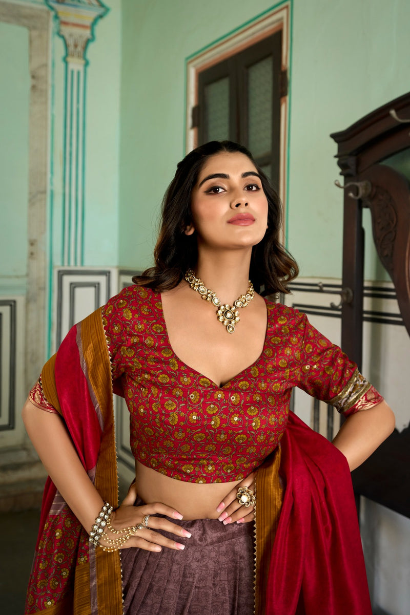 Tussar Silk Kashmiri Print with Foil Lehenga