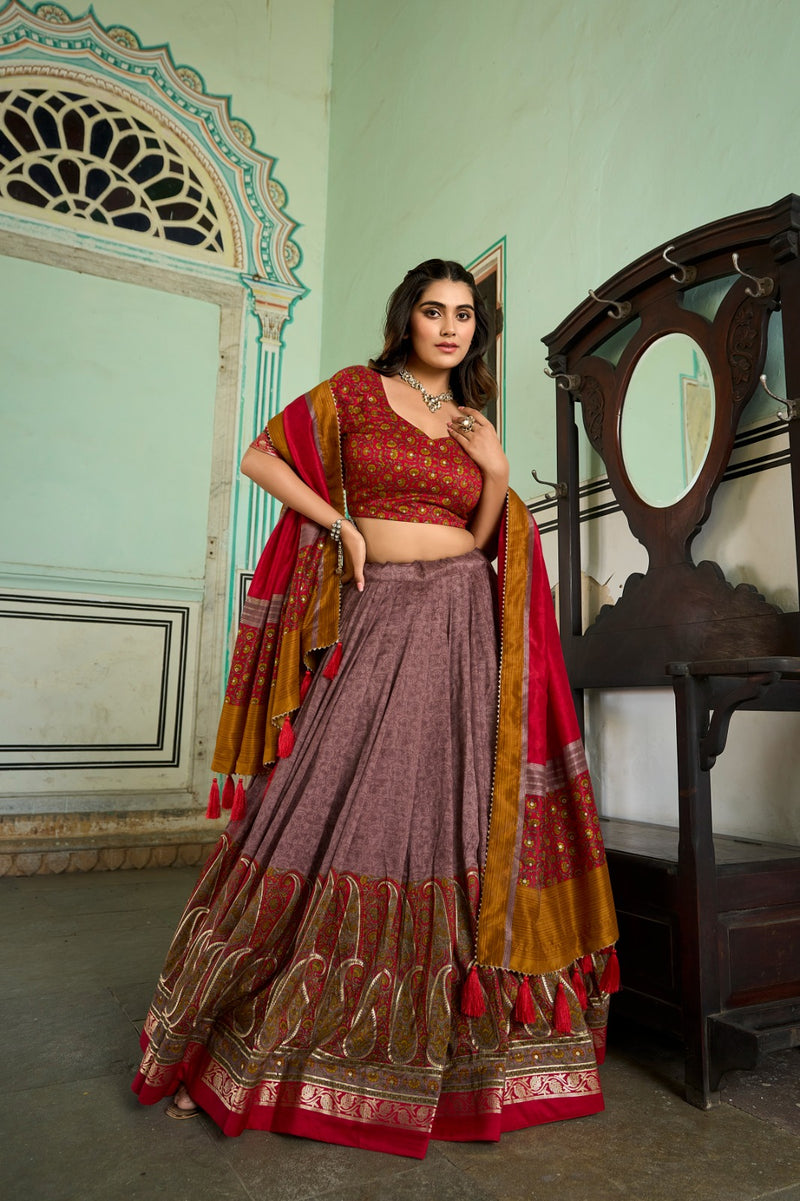 Tussar Silk Kashmiri Print with Foil Lehenga