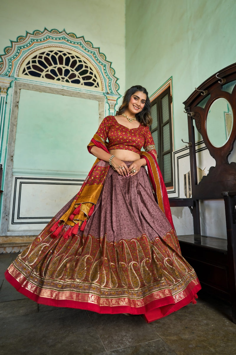 Tussar Silk Kashmiri Print with Foil Lehenga