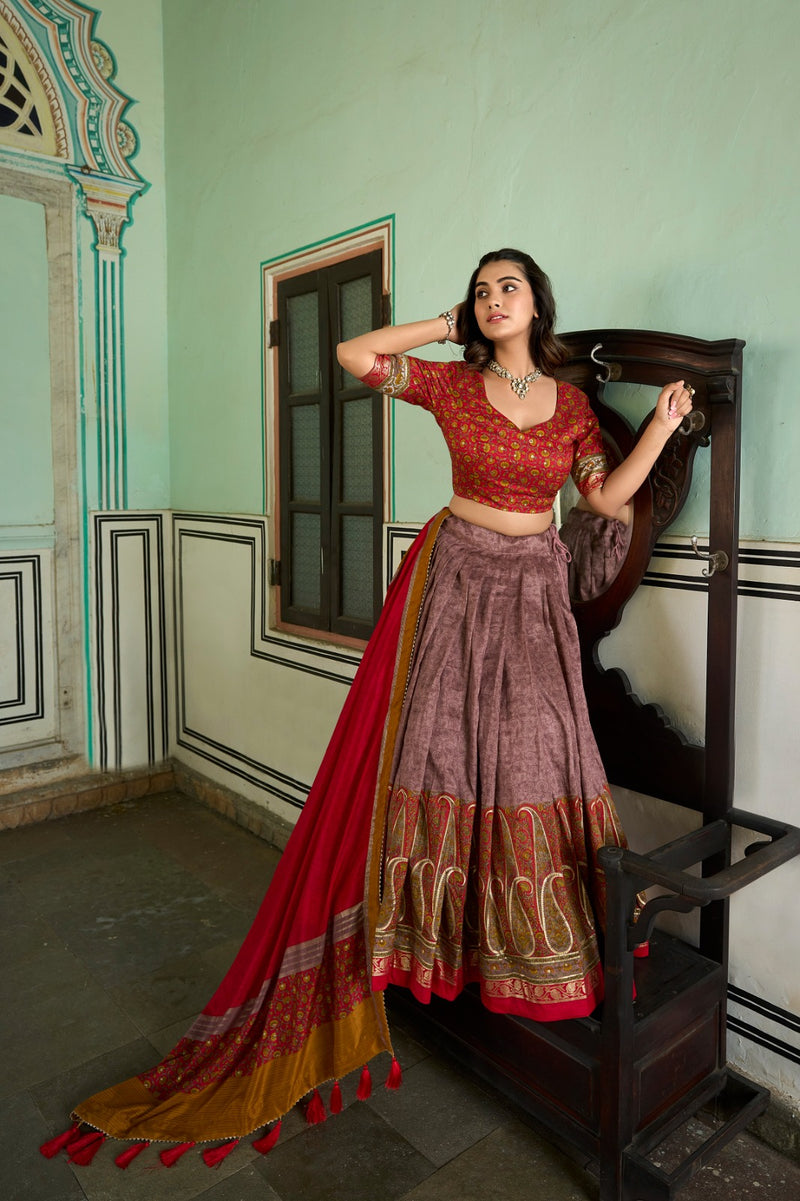 Tussar Silk Kashmiri Print with Foil Lehenga