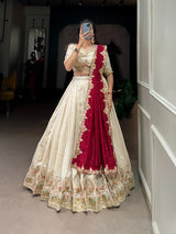 White Vichitra silk sequins and thread embroidery