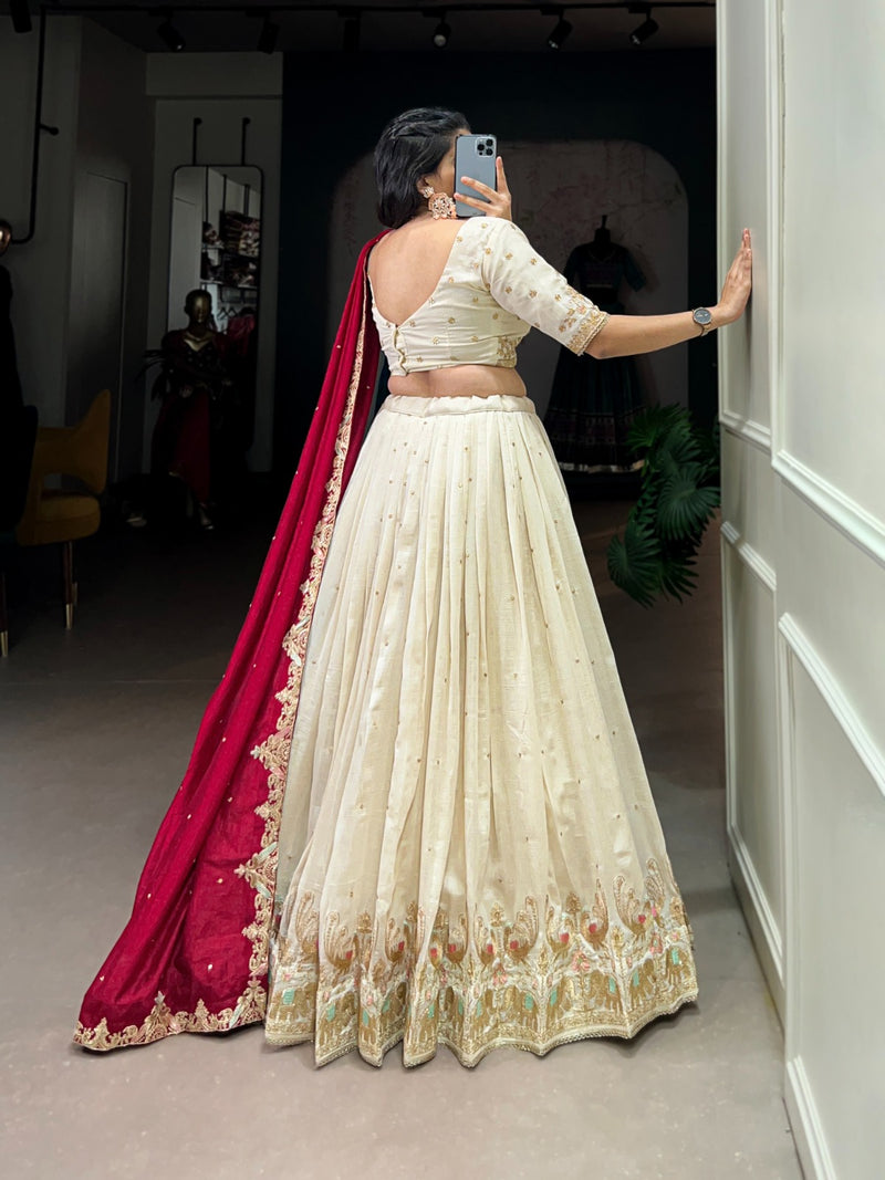 White Vichitra silk sequins and thread embroidery