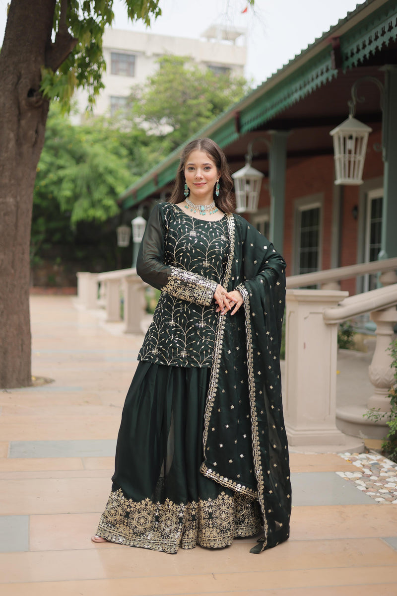 Maroon & Green Rangoli Silk Kurti-Plazzo-Dupatta Set