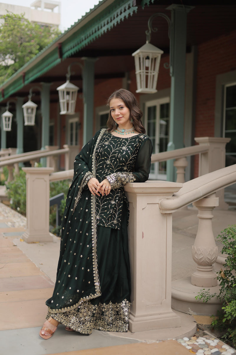 Maroon & Green Rangoli Silk Kurti-Plazzo-Dupatta Set