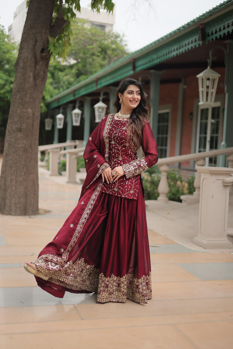 Maroon & Green Rangoli Silk Kurti-Plazzo-Dupatta Set