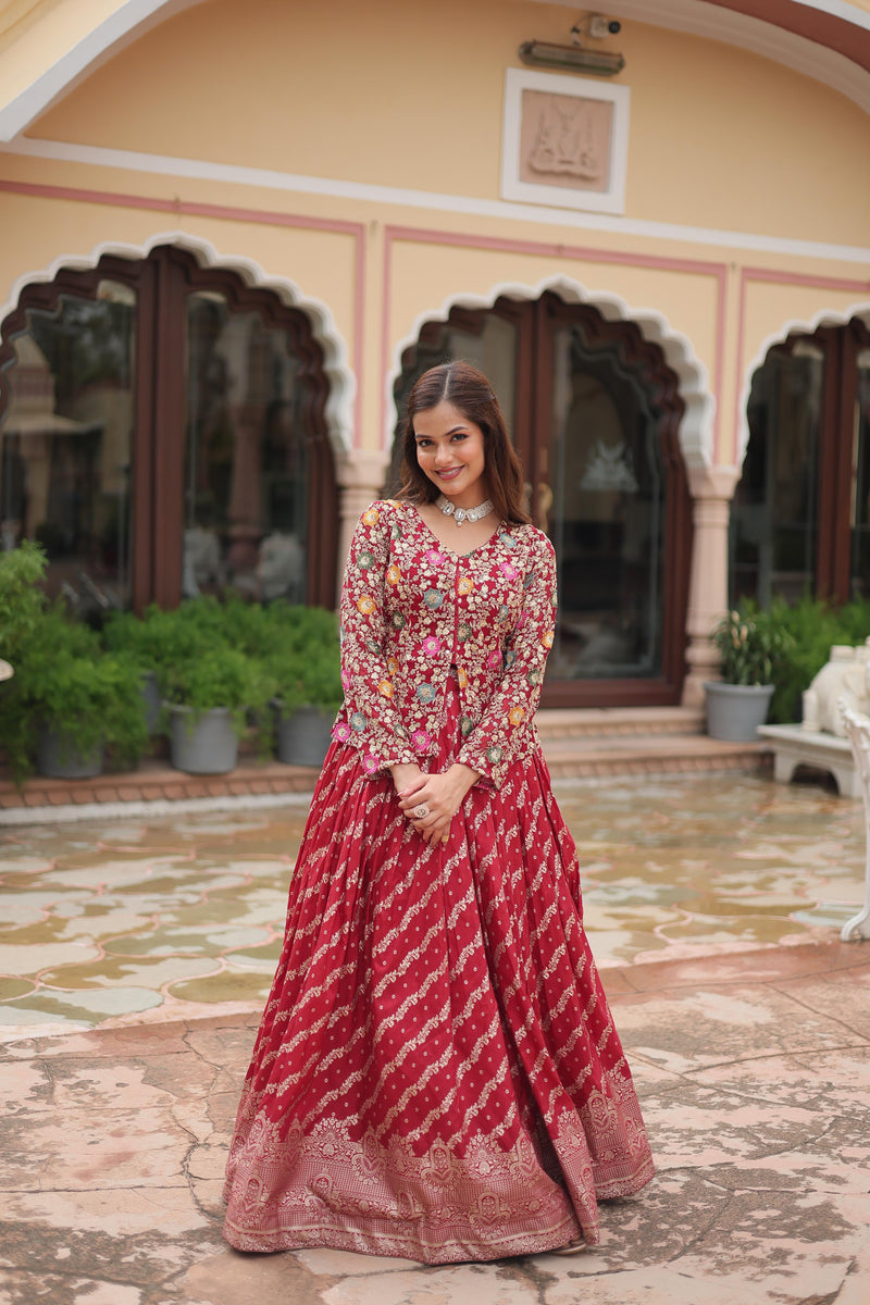 Red viscose Jacquard lehenga