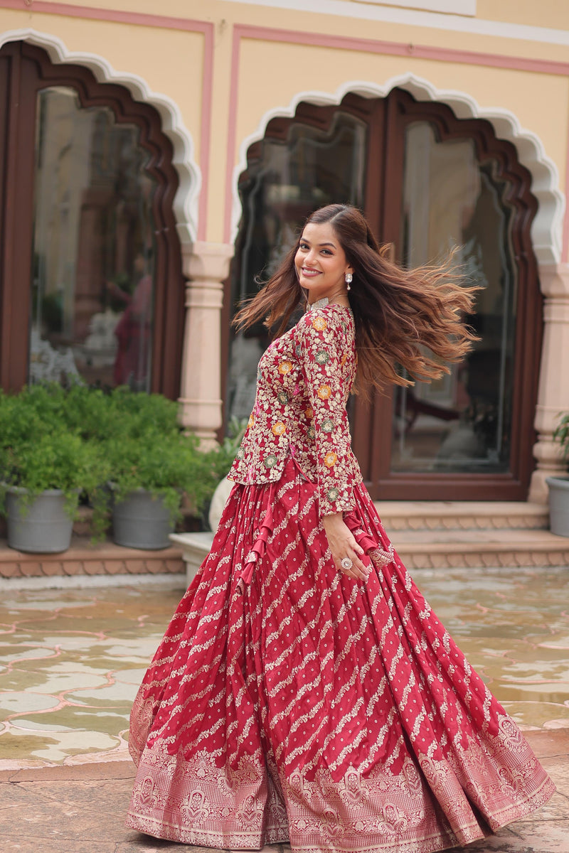 Red viscose Jacquard lehenga