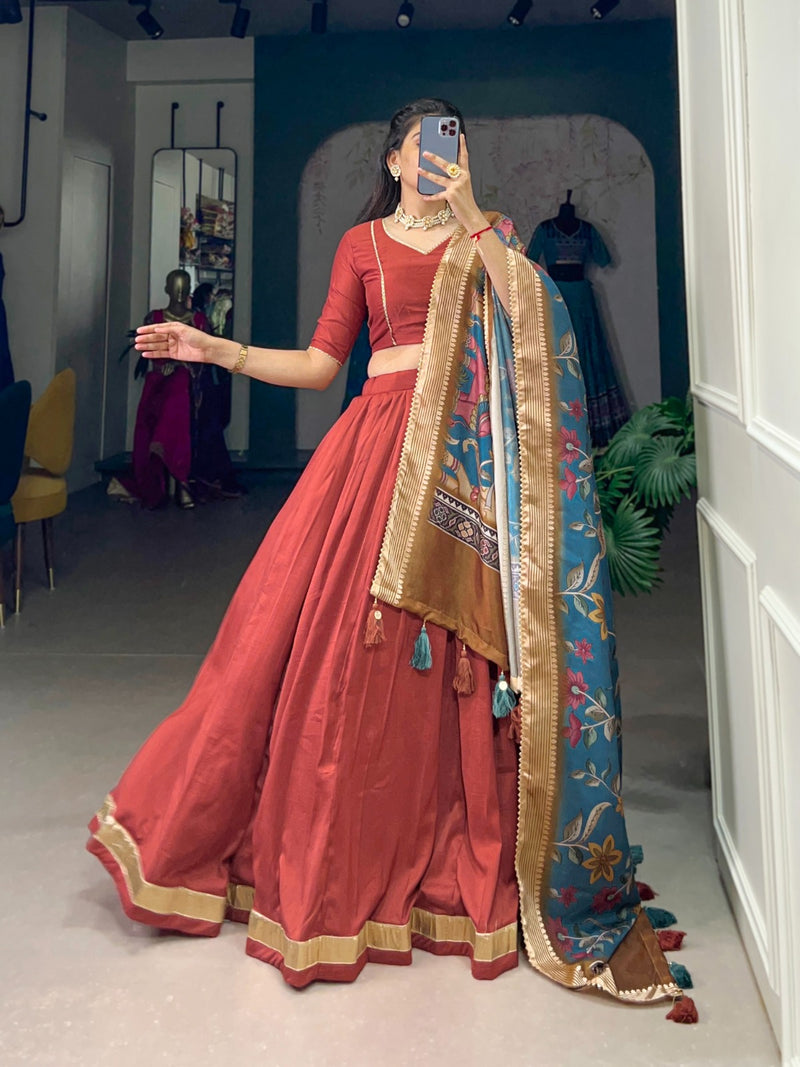 Chinon Silk Lehenga with printed Kalamkari Duppata