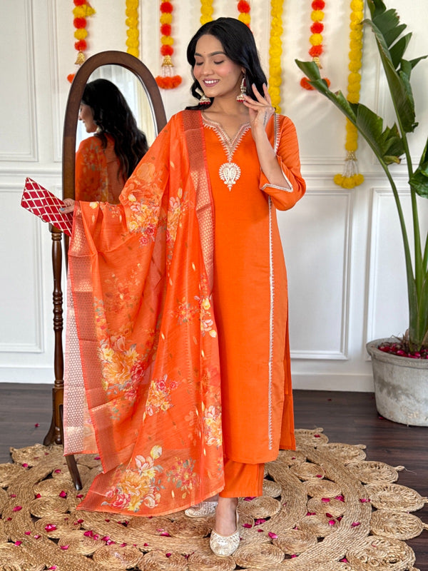 Orange Viscose Chanderi Kurta Set with Jacquard Silk Dupatta