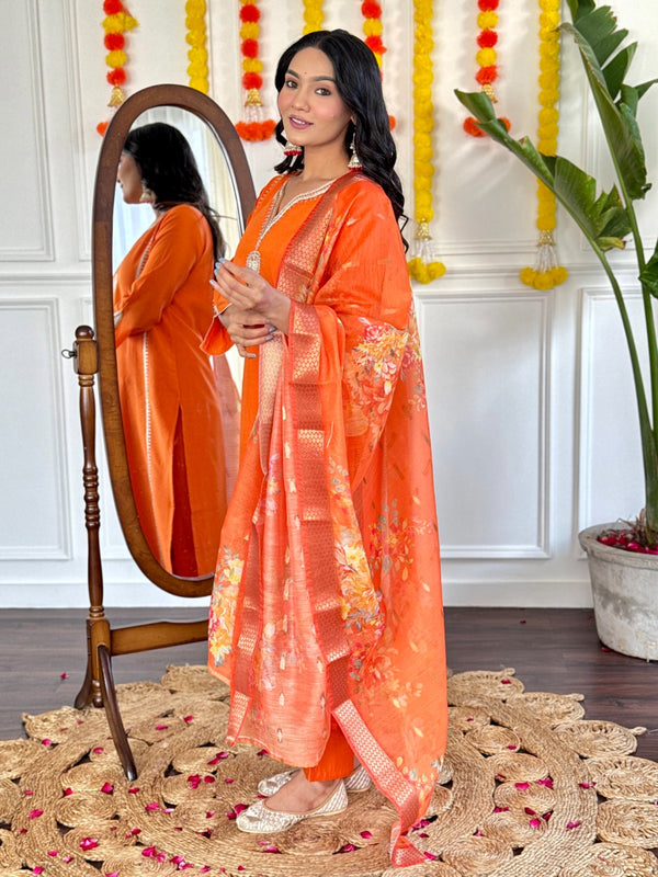 Orange Viscose Chanderi Kurta Set with Jacquard Silk Dupatta