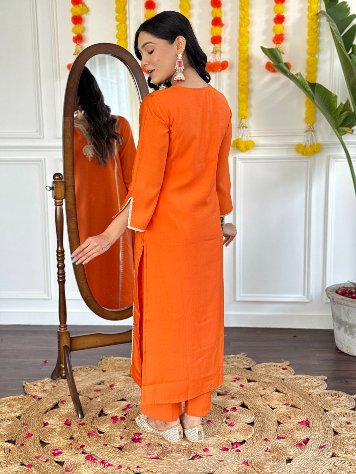 Orange Viscose Chanderi Kurta Set with Jacquard Silk Dupatta