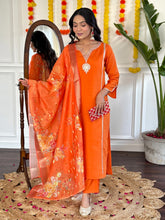 Orange Viscose Chanderi Kurta Set with Jacquard Silk Dupatta