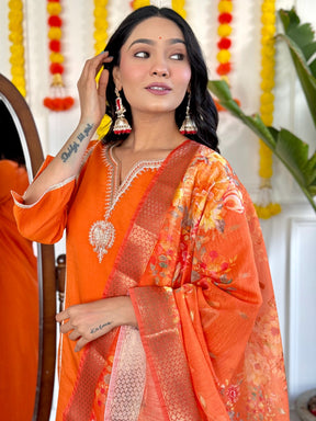 Orange Viscose Chanderi Kurta Set with Jacquard Silk Dupatta