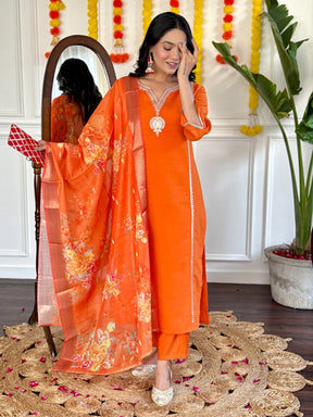 Orange Viscose Chanderi Kurta Set with Jacquard Silk Dupatta