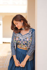 Blue & Wine Pure Chinon Heavy embroidery with threadwork Lehenga