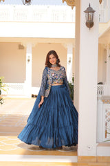 Blue & Wine Pure Chinon Heavy embroidery with threadwork Lehenga