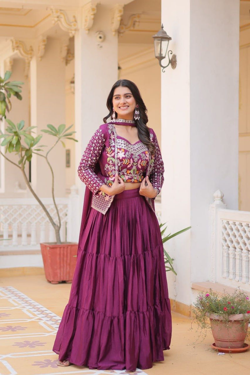 Blue & Wine Pure Chinon Heavy embroidery with threadwork Lehenga