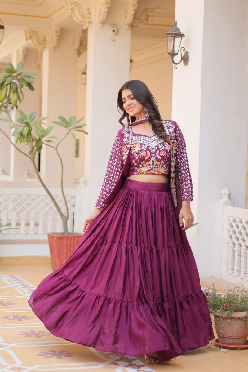 Blue & Wine Pure Chinon Heavy embroidery with threadwork Lehenga