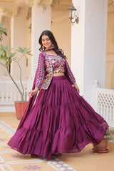 Blue & Wine Pure Chinon Heavy embroidery with threadwork Lehenga