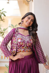 Blue & Wine Pure Chinon Heavy embroidery with threadwork Lehenga