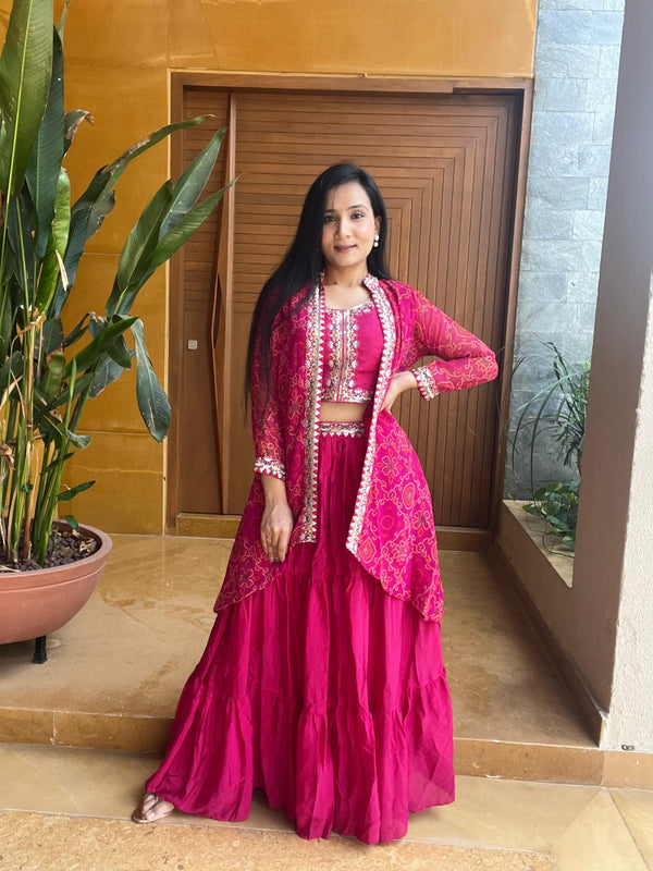 Red & Pink Bandhej Lehenga Choli with  Shrug