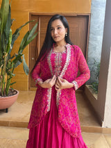 Red & Pink Bandhej Lehenga Choli with  Shrug