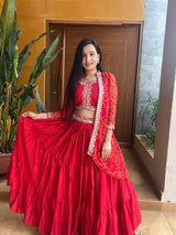 Red & Pink Bandhej Lehenga Choli with  Shrug